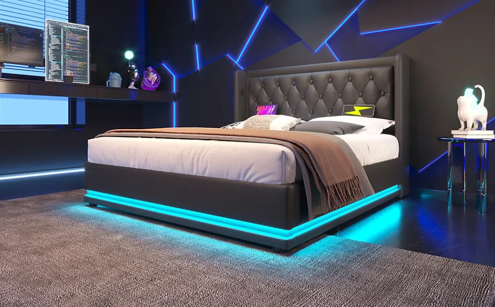 Redom Canapé-lit 160x200 cm avec coffre de rangement hydraulique, LED 3 côtés et tête de lit en PU noir* Lit Coffre