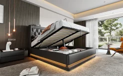 Redom Canapé-lit 160x200 cm avec coffre de rangement hydraulique, LED 3 côtés et tête de lit en PU noir* Lit Coffre