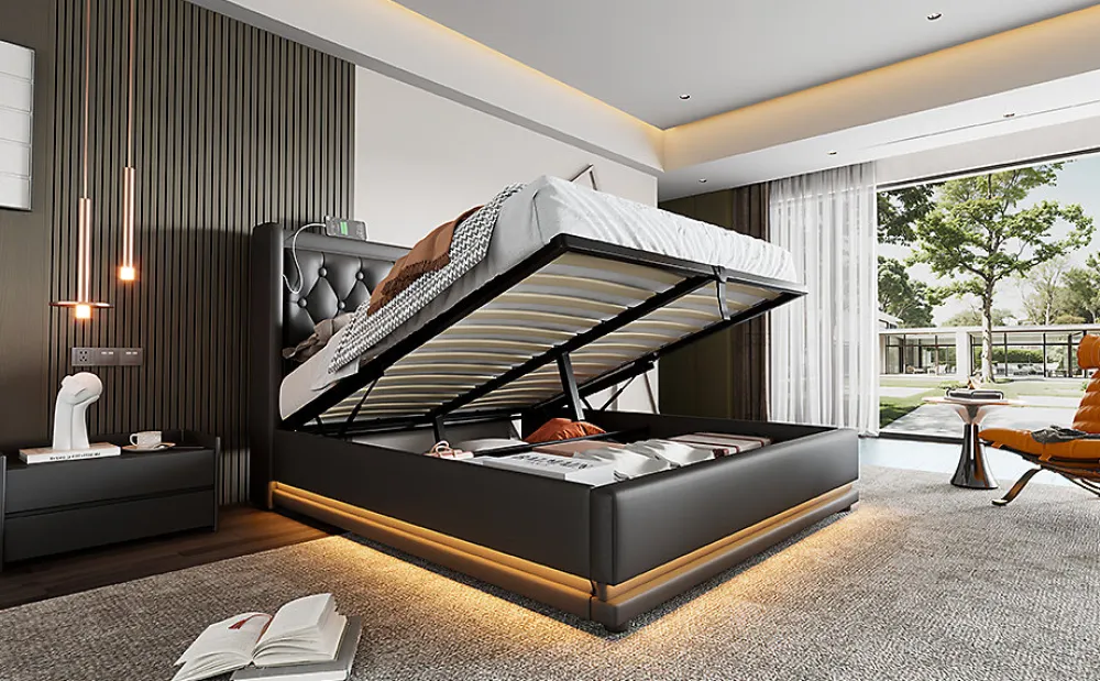 Redom Canapé-lit 160x200 cm avec coffre de rangement hydraulique, LED 3 côtés et tête de lit en PU noir* Lit Coffre