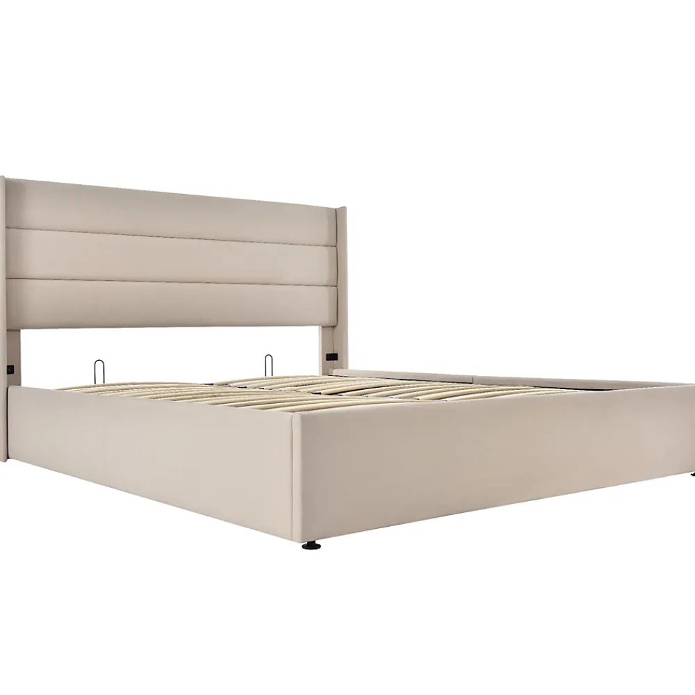 Redom Canapé-lit 140x200 cm avec coffre hydraulique et tête de lit rembourrée en lin beige, design contemporain* Lit Coffre