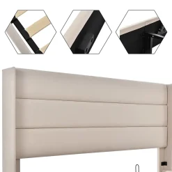 Redom Canapé-lit 140x200 cm avec coffre hydraulique et tête de lit rembourrée en lin beige, design contemporain* Lit Coffre