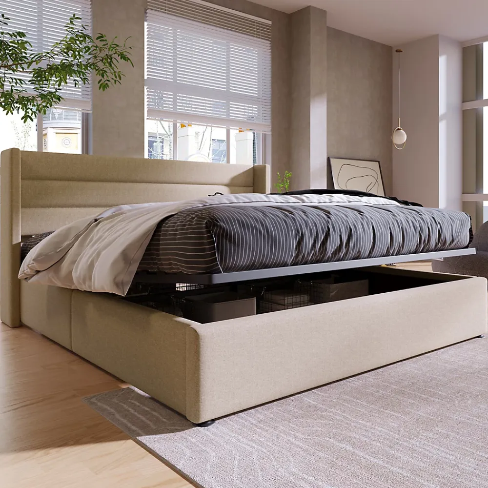 Redom Canapé-lit 140x200 cm avec coffre hydraulique et tête de lit rembourrée en lin beige, design contemporain* Lit Coffre
