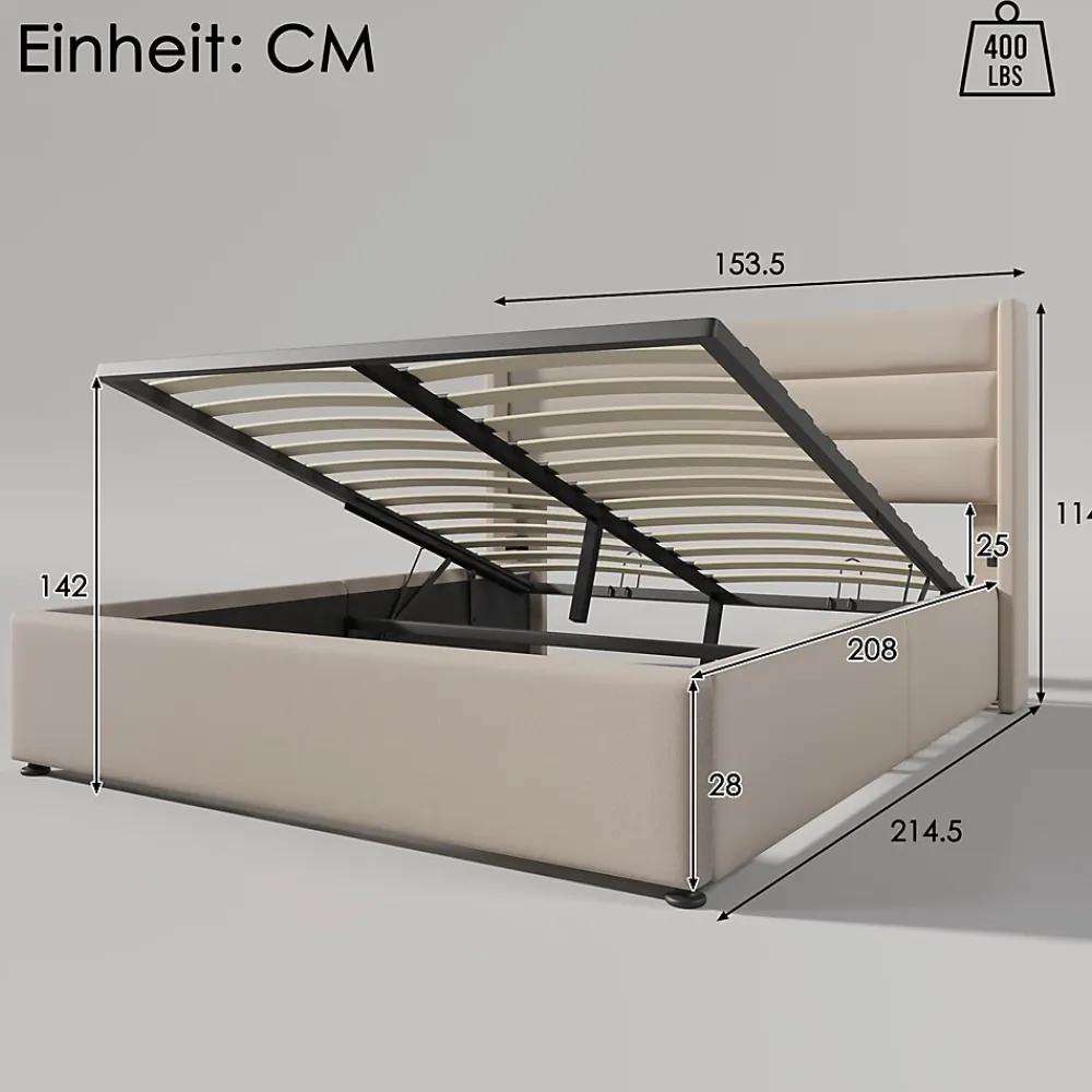Redom Canapé-lit 140x200 cm avec coffre hydraulique et tête de lit rembourrée en lin beige, design contemporain* Lit Coffre