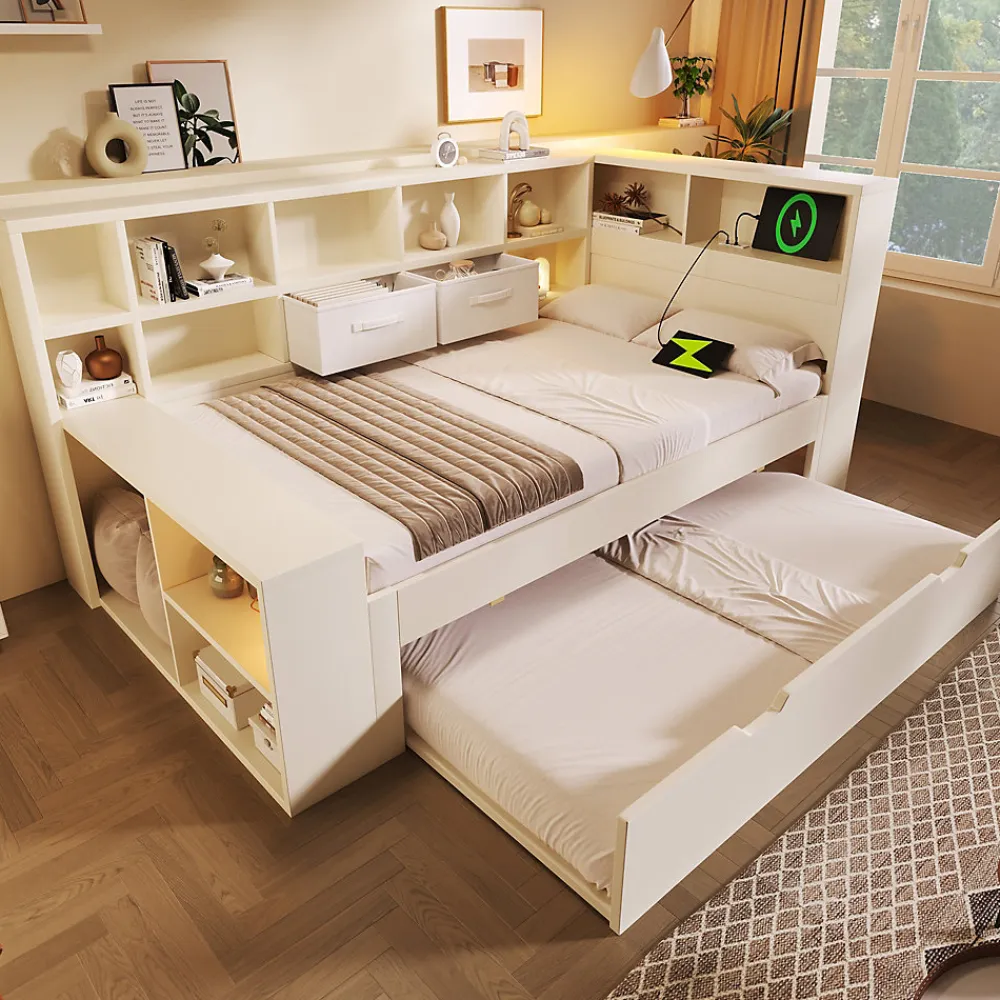 Canapé-lit 90x190 cm avec lit gigogne - USB/Type-C - rangement - bois massif + panneaux - blanc (sans matelas)>ModernLuxe Outlet
