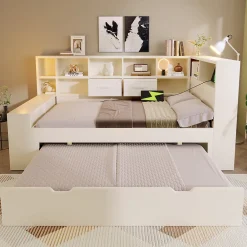 Canapé-lit 90x190 cm avec lit gigogne - USB/Type-C - rangement - bois massif + panneaux - blanc (sans matelas)><noscript><img width=