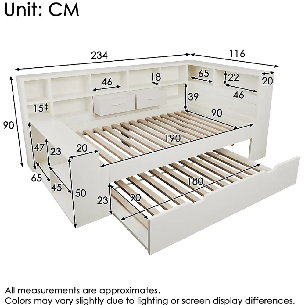 Canapé-lit 90x190 cm avec lit gigogne - USB/Type-C - rangement - bois massif + panneaux - blanc (sans matelas)>ModernLuxe Outlet