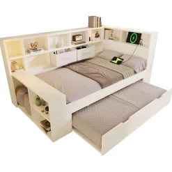 Canapé-lit 90x190 cm avec lit gigogne - USB/Type-C - rangement - bois massif + panneaux - blanc (sans matelas)><noscript><img width=