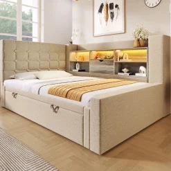 Canapé-lit 90x200 cm avec lit gigogne - LED + rangement - USB - tissu lin - beige (sans matelas)>ModernLuxe New