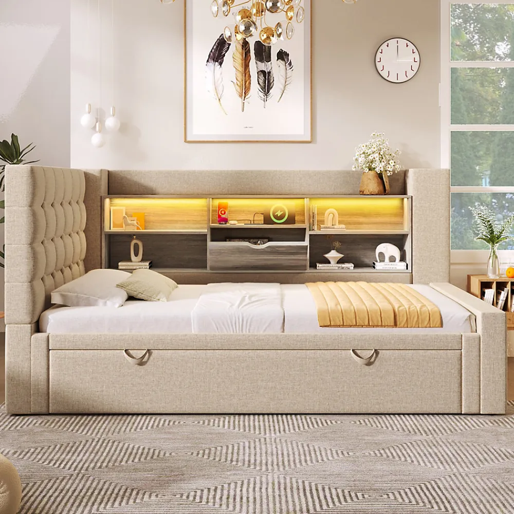Canapé-lit 90x200 cm avec lit gigogne - LED + rangement - USB - tissu lin - beige (sans matelas)>ModernLuxe New