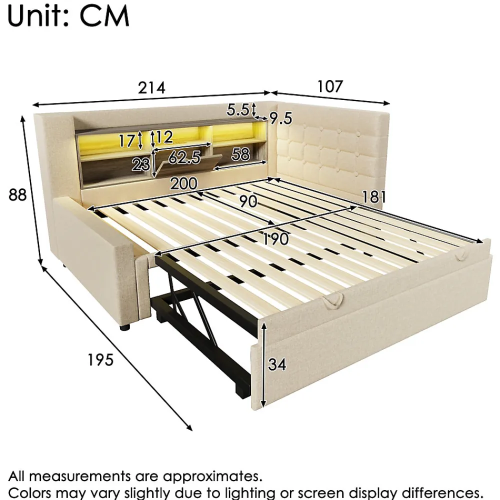 Canapé-lit 90x200 cm avec lit gigogne - LED + rangement - USB - tissu lin - beige (sans matelas)>ModernLuxe New