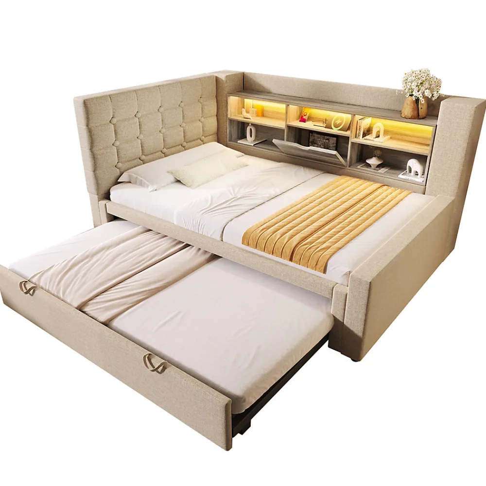 Canapé-lit 90x200 cm avec lit gigogne - LED + rangement - USB - tissu lin - beige (sans matelas)>ModernLuxe New