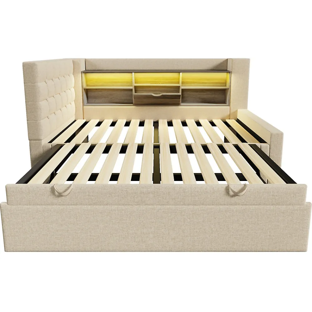 Canapé-lit 90x200 cm avec lit gigogne - LED + rangement - USB - tissu lin - beige (sans matelas)>ModernLuxe New