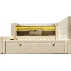 Canapé-lit 90x200 cm avec lit gigogne - LED + rangement - USB - tissu lin - beige (sans matelas)><noscript><img width=
