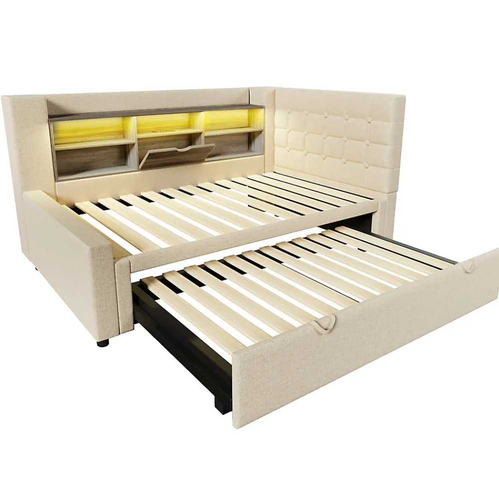 Canapé-lit 90x200 cm avec lit gigogne - LED + rangement - USB - tissu lin - beige (sans matelas)>ModernLuxe New