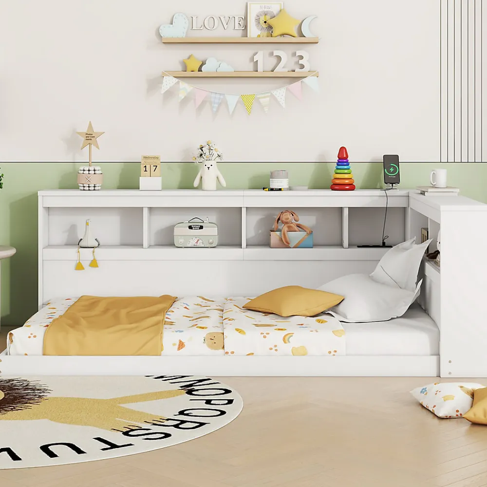 Canapé-lit 90x200 cm avec prises et 2 USB, rangements latéraux, structure panneaux de particules et MDF, blanc>Redom Discount