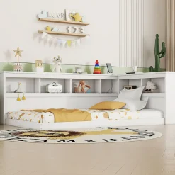 Canapé-lit 90x200 cm avec prises et 2 USB, rangements latéraux, structure panneaux de particules et MDF, blanc><noscript><img width=