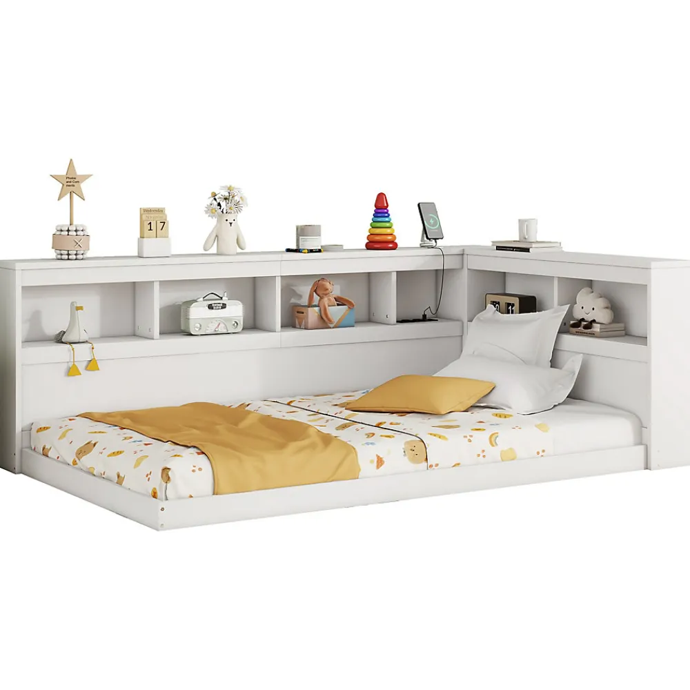 Canapé-lit 90x200 cm avec prises et 2 USB, rangements latéraux, structure panneaux de particules et MDF, blanc>Redom Discount