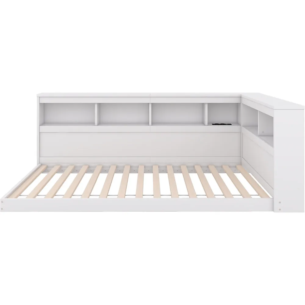 Canapé-lit 90x200 cm avec prises et 2 USB, rangements latéraux, structure panneaux de particules et MDF, blanc>Redom Discount