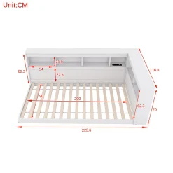 Canapé-lit 90x200 cm avec prises et 2 USB, rangements latéraux, structure panneaux de particules et MDF, blanc><noscript><img width=