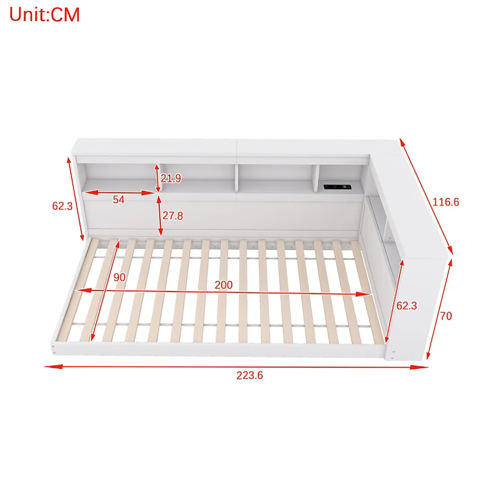 Canapé-lit 90x200 cm avec prises et 2 USB, rangements latéraux, structure panneaux de particules et MDF, blanc>Redom Discount