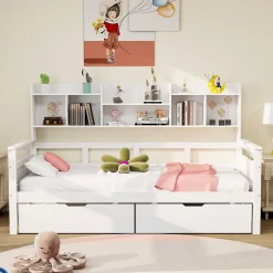 Canapé-lit 90x200 cm avec tiroirs et étagères sommier bois massif blanc>Redom Hot
