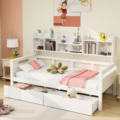 Canapé-lit 90x200 cm avec tiroirs et étagères sommier bois massif blanc><noscript><img width=