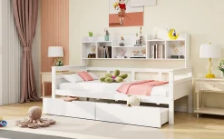 Canapé-lit 90x200 cm avec tiroirs et étagères sommier bois massif blanc><noscript><img width=