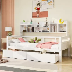 Canapé-lit 90x200 cm avec tiroirs et étagères sommier bois massif blanc><noscript><img width=