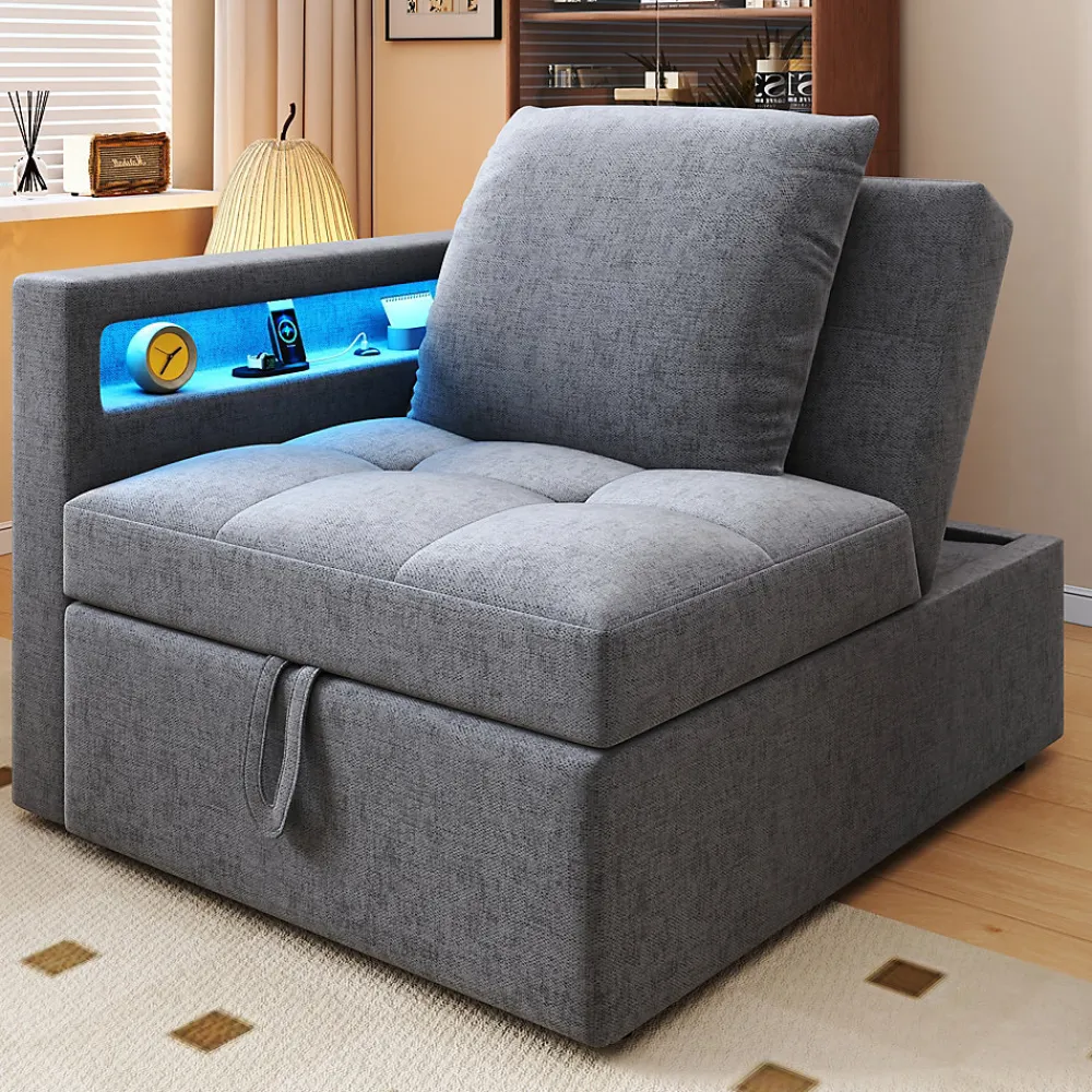 Canapé-lit 140x190 cm convertible clic-clac avec coffre, tissu gris, design contemporain>Redom Hot