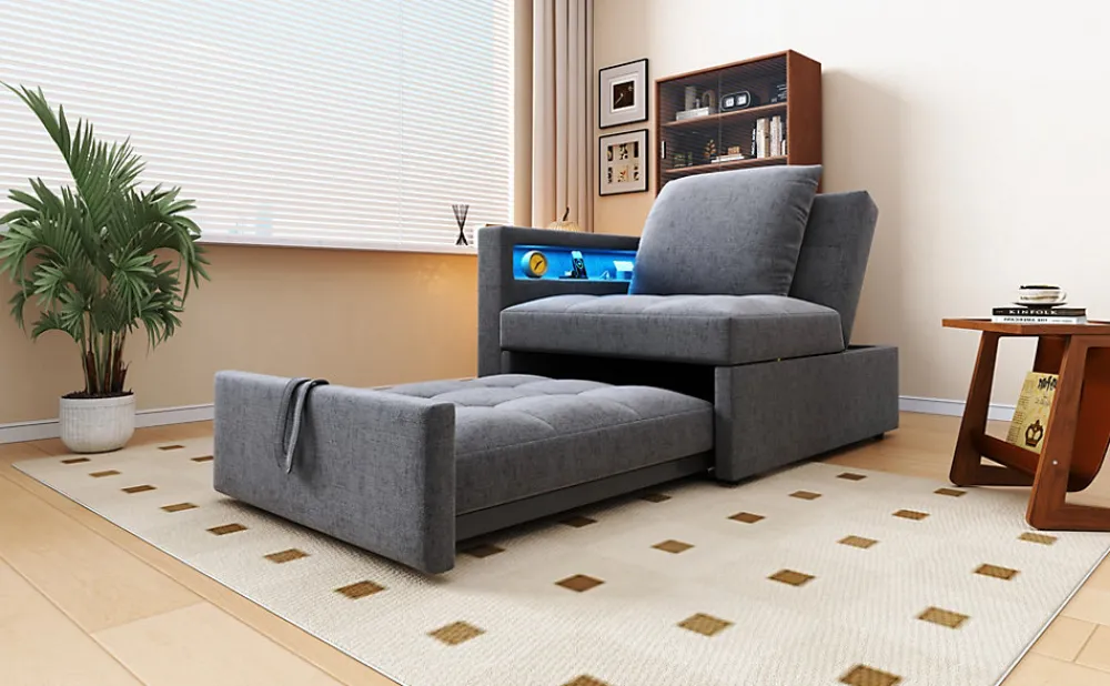 Canapé-lit 140x190 cm convertible clic-clac avec coffre, tissu gris, design contemporain>Redom Hot