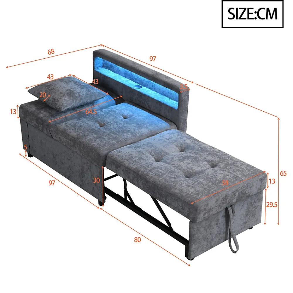 Canapé-lit 140x190 cm convertible clic-clac avec coffre, tissu gris, design contemporain>Redom Hot