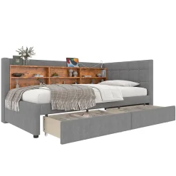 Redom Canapé-lit 140x190 cm convertible clic-clac en tissu gris avec coffre discret, structure métal, contemporain* Lit Coffre