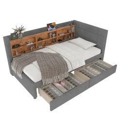 Redom Canapé-lit 140x190 cm convertible clic-clac en tissu gris avec coffre discret, structure métal, contemporain* Lit Coffre