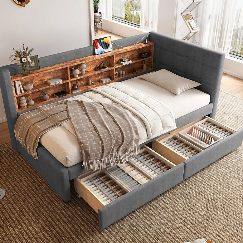Redom Canapé-lit 140x190 cm convertible clic-clac en tissu gris avec coffre discret, structure métal, contemporain* Lit Coffre