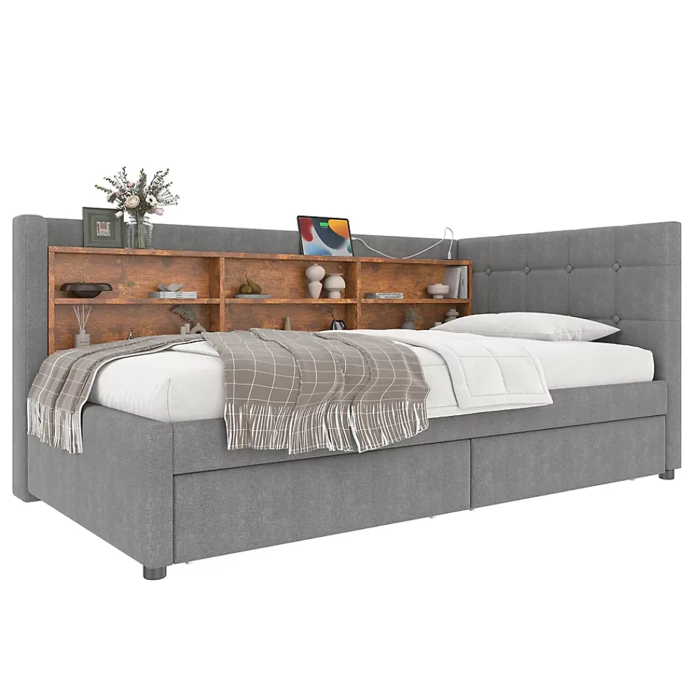 Redom Canapé-lit 140x190 cm convertible clic-clac en tissu gris avec coffre discret, structure métal, contemporain* Lit Coffre