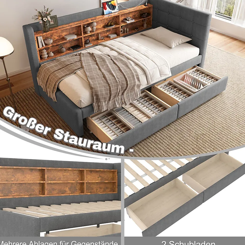 Redom Canapé-lit 140x190 cm convertible clic-clac en tissu gris avec coffre discret, structure métal, contemporain* Lit Coffre