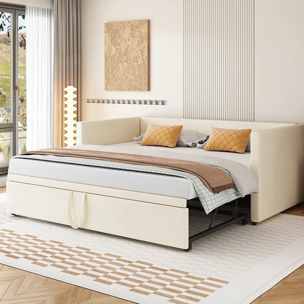 Canapé-lit 90x200 cm convertible en 180x200 cm avec sommier à lattes, tissu velours beige>Redom Outlet