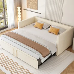 Canapé-lit 90x200 cm convertible en 180x200 cm avec sommier à lattes, tissu velours beige>Redom Outlet