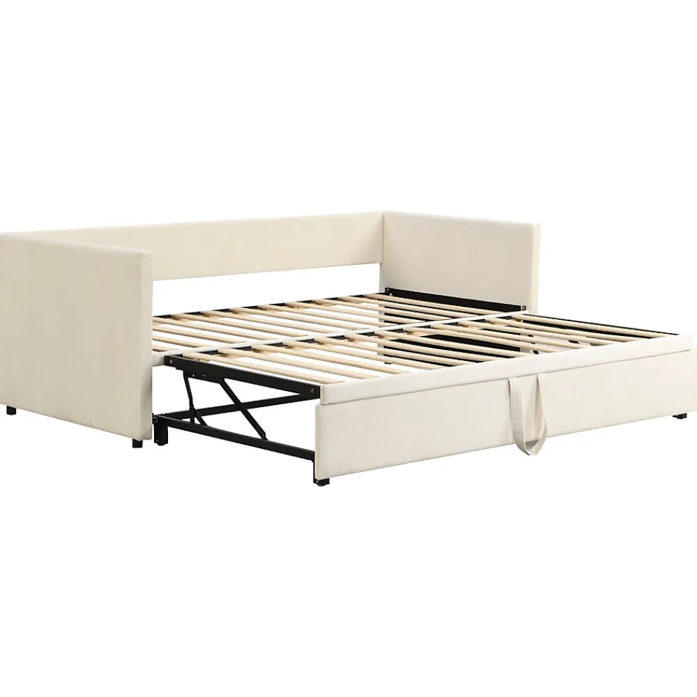 Canapé-lit 90x200 cm convertible en 180x200 cm avec sommier à lattes, tissu velours beige>Redom Outlet