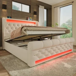 Redom Canapé-lit 160x200 cm convertible avec rangement hydraulique, éclairage LED intégré et station USB/Type-C en velours beige* Lit Coffre