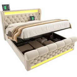 Redom Canapé-lit 160x200 cm convertible avec rangement hydraulique, éclairage LED intégré et station USB/Type-C en velours beige* Lit Coffre