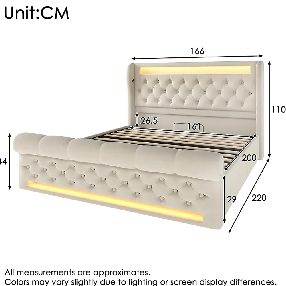 Redom Canapé-lit 160x200 cm convertible avec rangement hydraulique, éclairage LED intégré et station USB/Type-C en velours beige* Lit Coffre