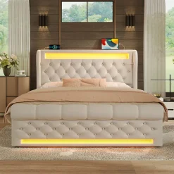 Redom Canapé-lit 160x200 cm convertible avec rangement hydraulique, éclairage LED intégré et station USB/Type-C en velours beige* Lit Coffre