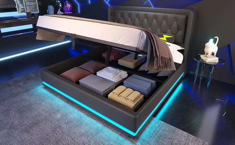 Redom Canapé-lit 140x200 cm convertible coffre hydraulique, LED 3 côtés, tête de lit USB-C, simili cuir noir* Lit Coffre