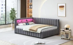 Canapé-lit 140x200 cm en L convertible, revêtement velours gris, bande LED changeante et port USB, cadre lattenrost robuste>Redom Outlet