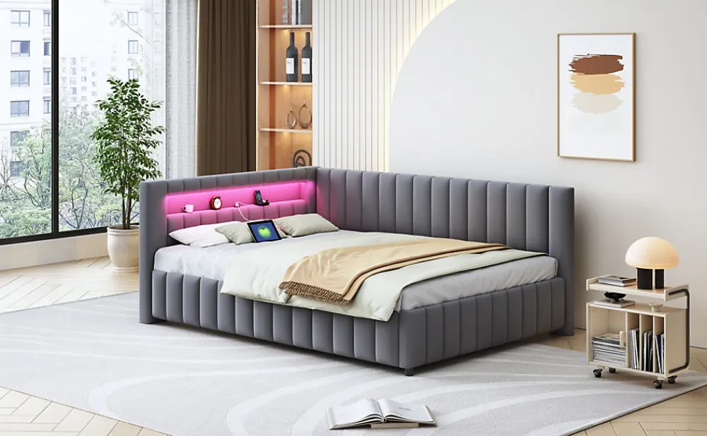 Canapé-lit 140x200 cm en L convertible, revêtement velours gris, bande LED changeante et port USB, cadre lattenrost robuste>Redom Outlet