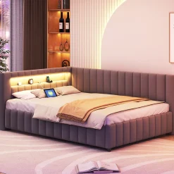 Canapé-lit 140x200 cm en L convertible, revêtement velours gris, bande LED changeante et port USB, cadre lattenrost robuste><noscript><img width=