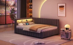 Canapé-lit 140x200 cm en L convertible, revêtement velours gris, bande LED changeante et port USB, cadre lattenrost robuste><noscript><img width=