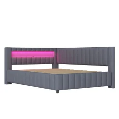 Canapé-lit 140x200 cm en L convertible, revêtement velours gris, bande LED changeante et port USB, cadre lattenrost robuste><noscript><img width=