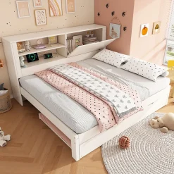 Canapé-lit 140x190cm - lit gigogne - USB et Type-C - rangements - blanc (matelas non inclus)>ModernLuxe